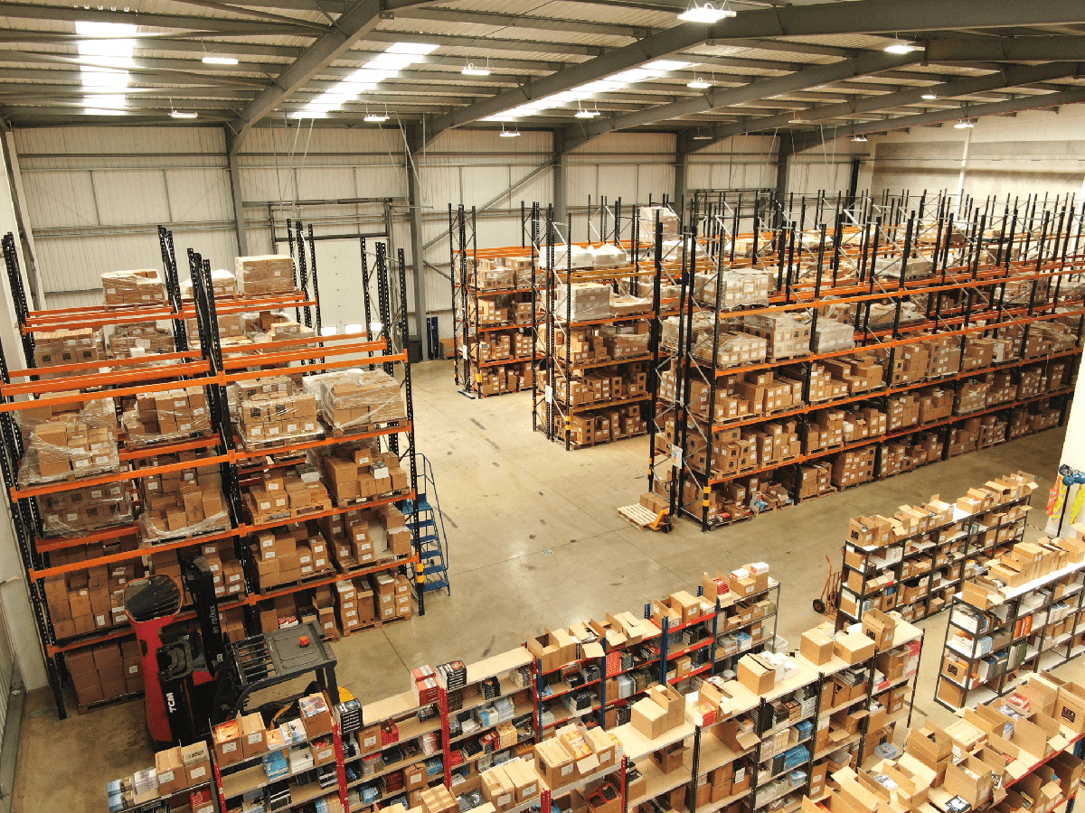 Pallets of books in a warehouse